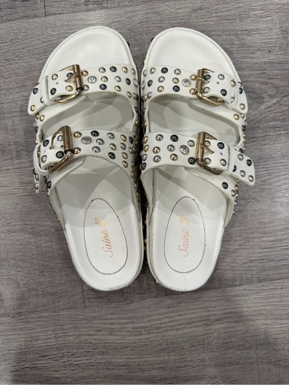 Free People White Studded Double-Buckle Slide Sandals with Mixed-Metal Studs